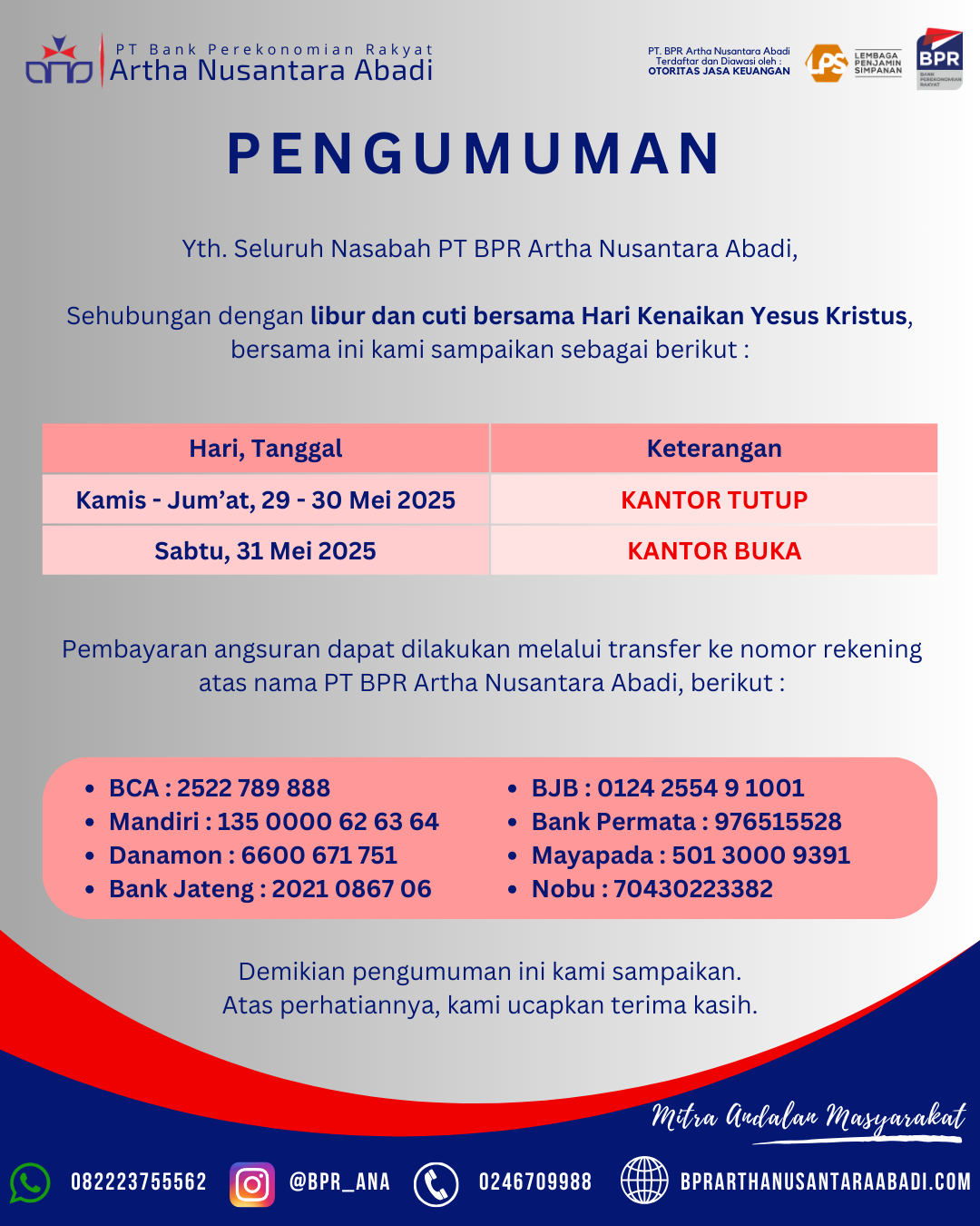 Pengumuman Operasional Kantor Kenaikan Yesus Kristus