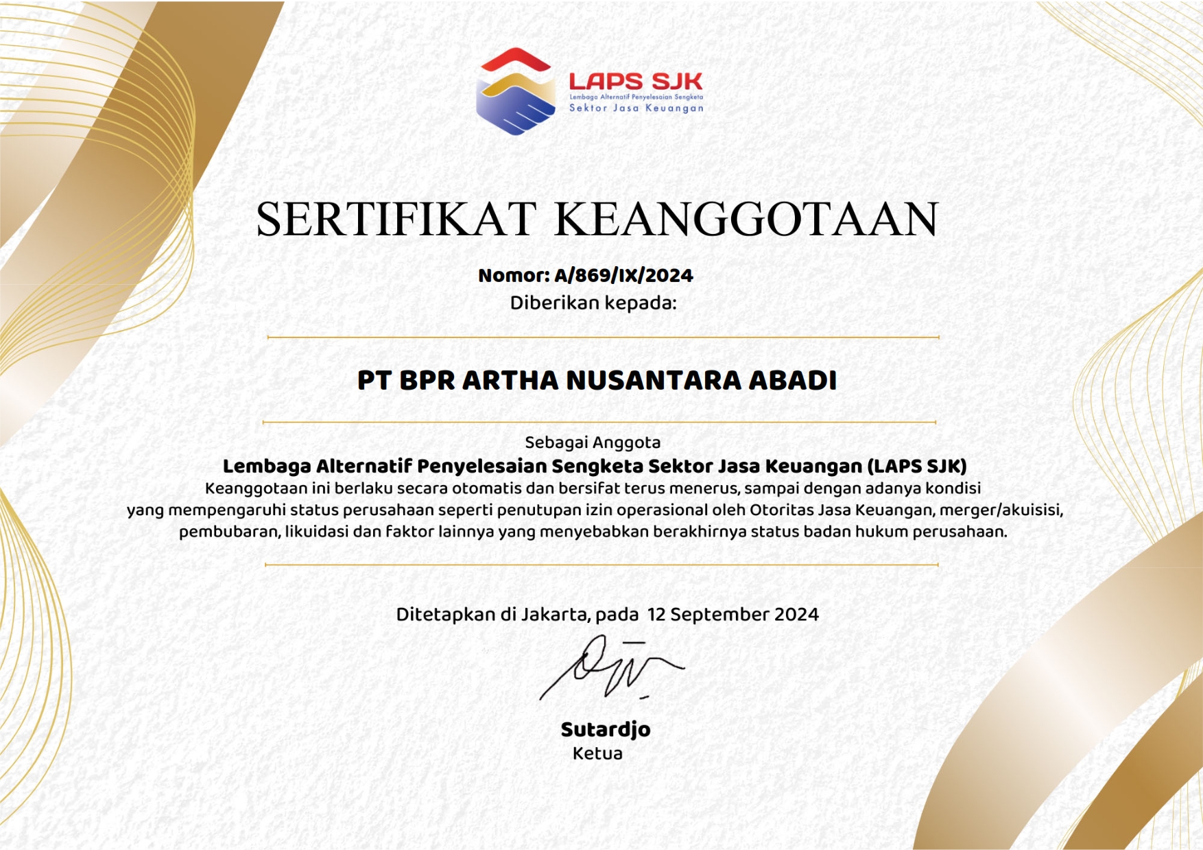 Sertifikat Keanggotaan LAPS SJK