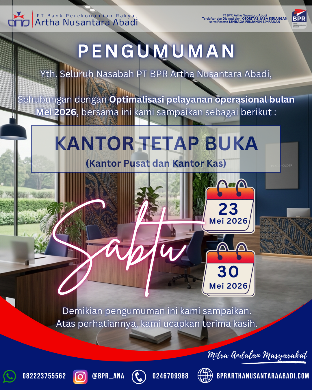 Operasional buka kantor hari sabtu tanggal 23 dan 30 Mei 2026