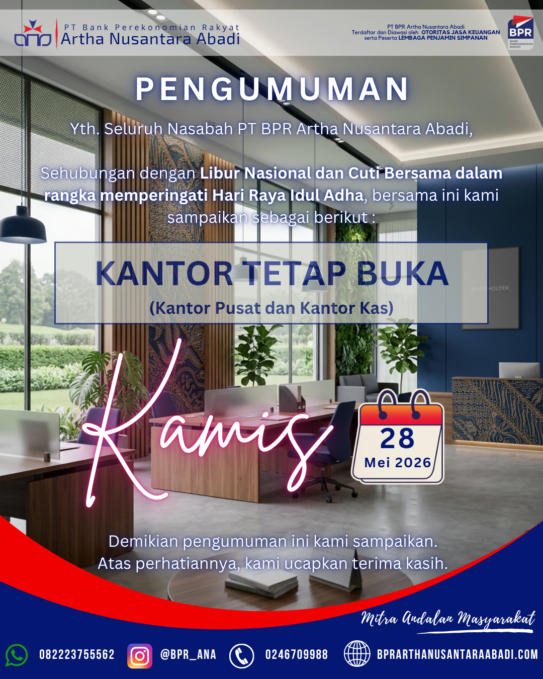 Operasional kantor hari kamis tanggal 28 Mei 2026 tetap buka