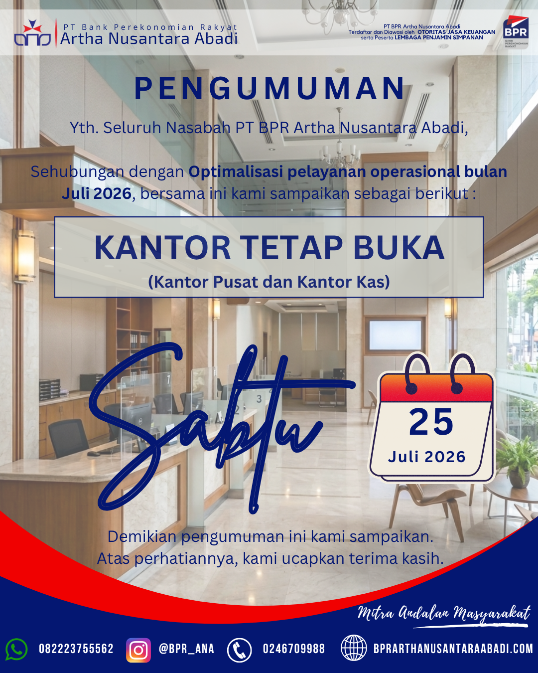 PENGUMUMAN BUKA KANTOR 25 JULI 2026